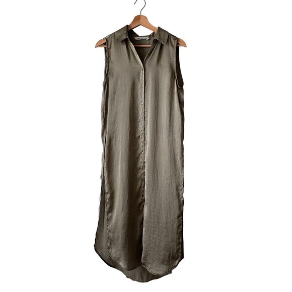 Zara Woman Olive Green Sleeveless Maxi Button-Down Shirt blouse tunic Floral - Picture 14 of 16